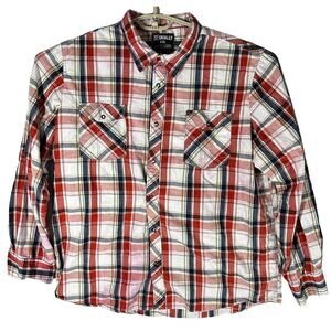 Skully Mens Shirt XXL Red Blue Yellow White Plaid Long Sleeve Snap Button Up